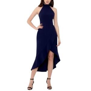 XSCAPE Backless Ruffled Halter High-Low Midi Sheath Cocktail Dress Blue Size 14